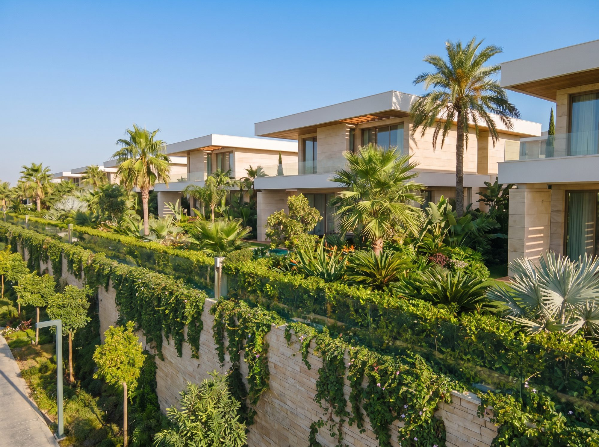 Row of villas amid tropical gardens